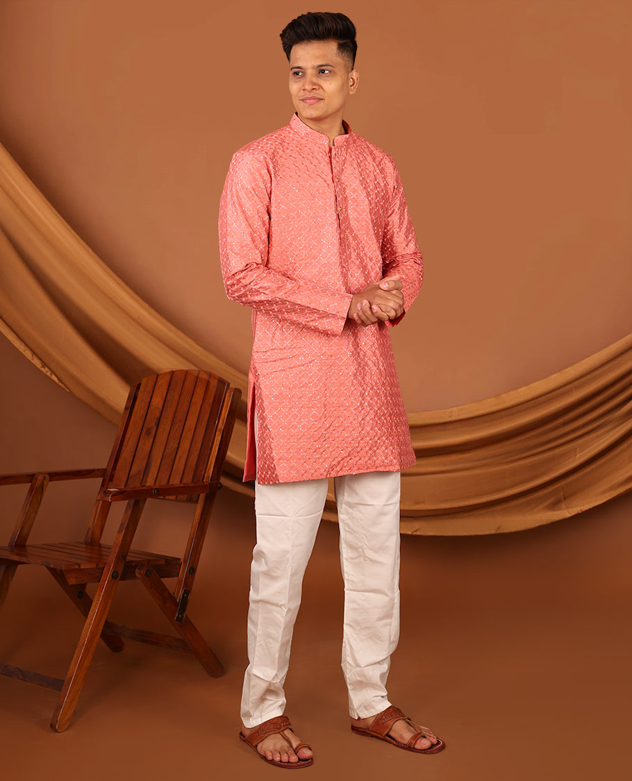 Peach Sequins and Thread Embroidered Full-Sleeved Men's Kurta