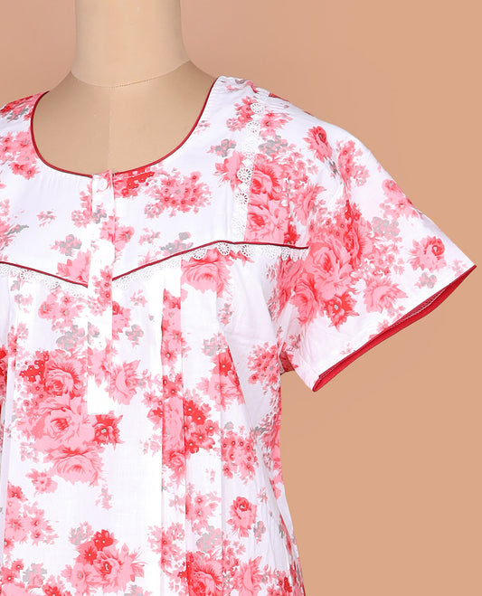 White floral printed with round necked lace work half-sleeve cotton nighty