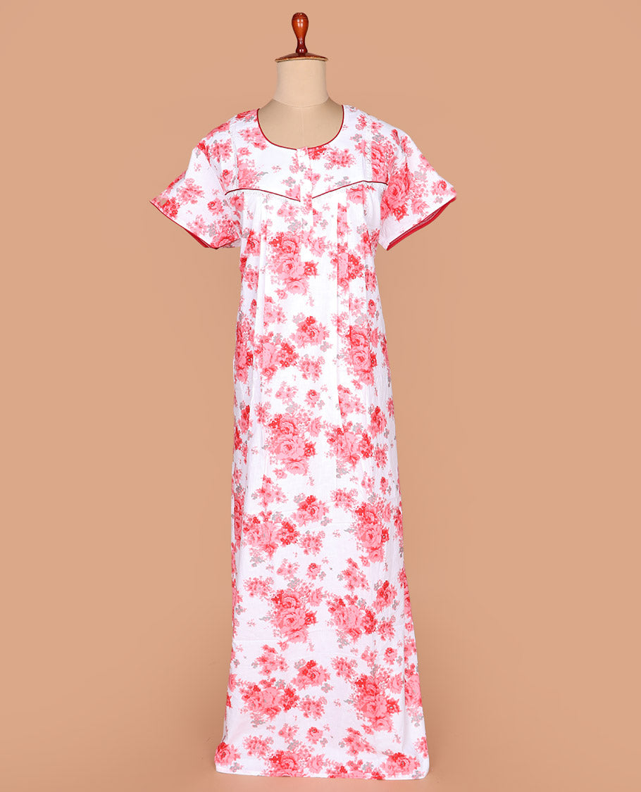 White floral printed with round necked lace work half-sleeve cotton nighty