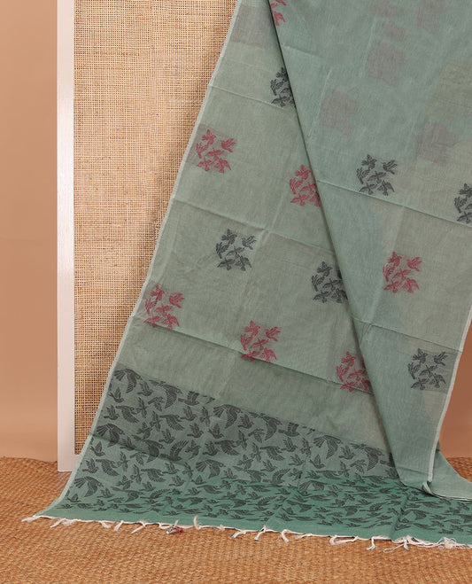 Borderless green bird buttas Coimbatore cotton saree, pallu steeped with bird motifs