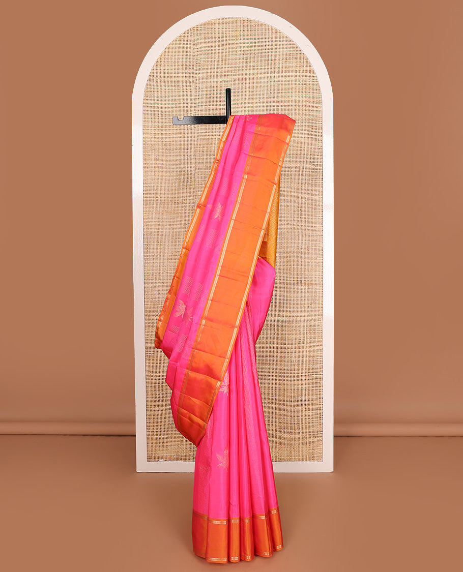 Pink zari design Vasundhara silk mix, contrast rettai pettu border, and contrast jaal pallu