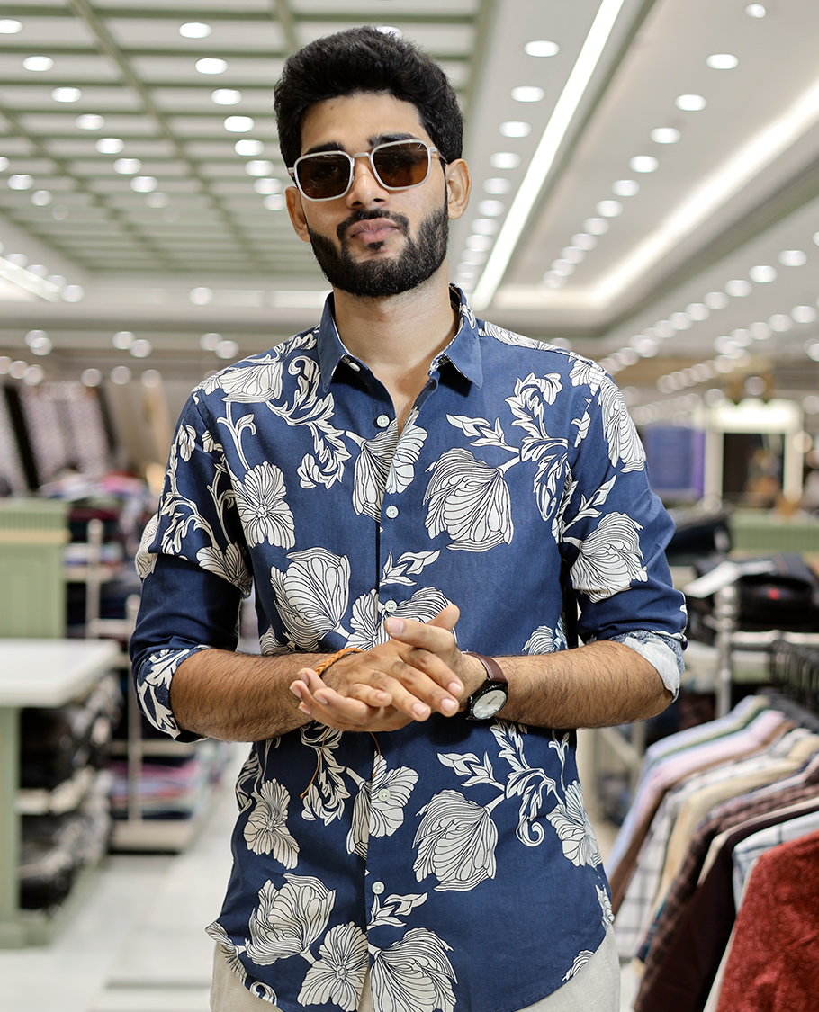 Navy Blue Cotton-Blended Casual Shirt