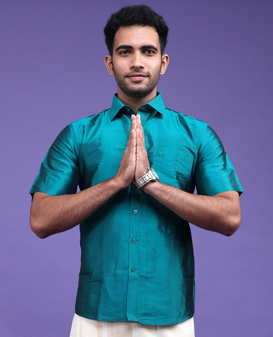 Peacock green plain design half-sleeve pure-silk shirt