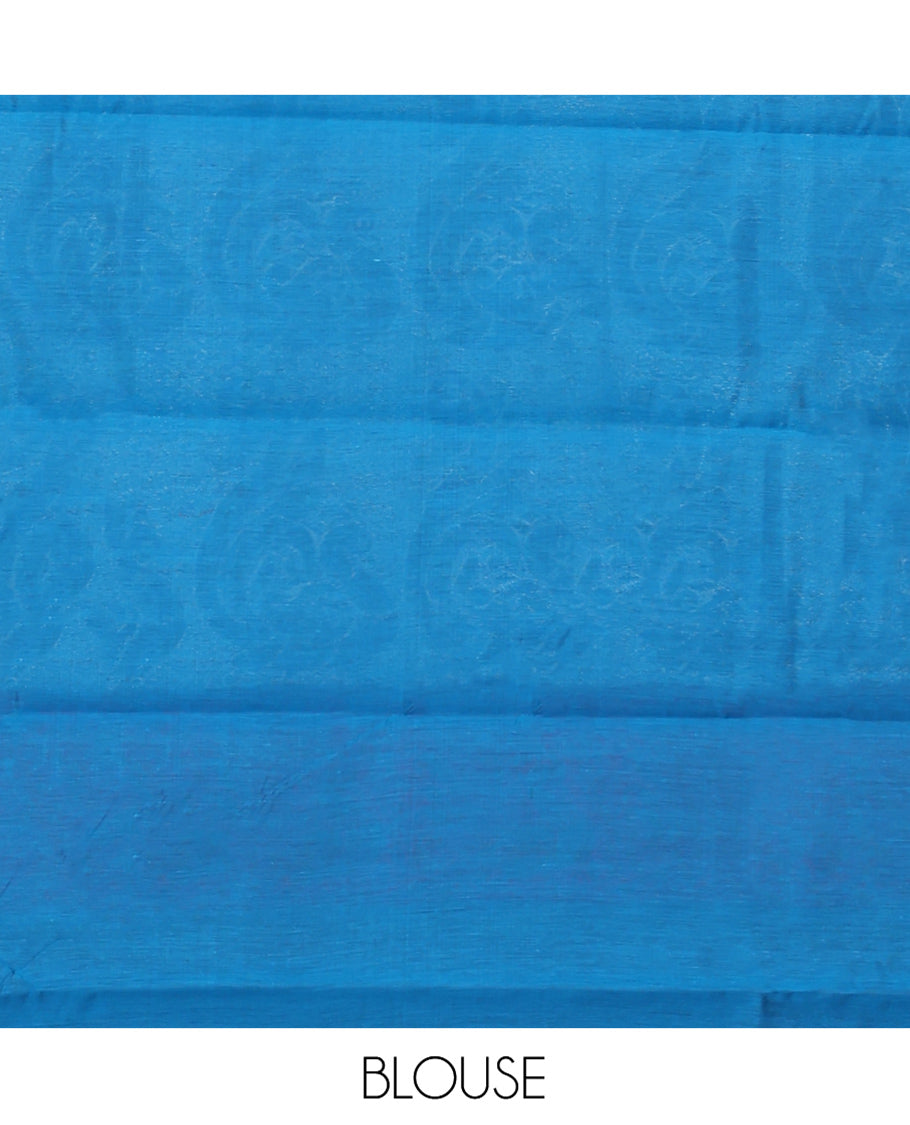 Blue Semi-Silk Cotton Saree, Adorned with Peacock Buttas All Over Its Body, Highlighted by a Self-Border of Peacocks, Pallu Steeped with Peacock Designs, and Paired with a Matching Blouse