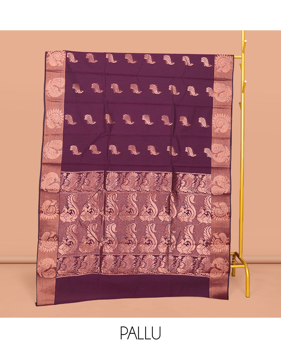 Purple Semi-Silk Cotton Saree, Bedecked with Peacock Buttas All Over Its Body, Highlighted by a Self-Border of Peacocks, Pallu Steeped with Peacock Designs, and Paired with a Matching Blouse