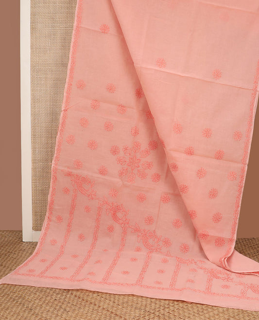 Pink flower butta thread embroidered Lucknowi chikankari saree, self-border, & floral embroidered pallu