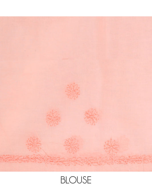 Pink flower butta thread embroidered Lucknowi chikankari saree, self-border, & floral embroidered pallu