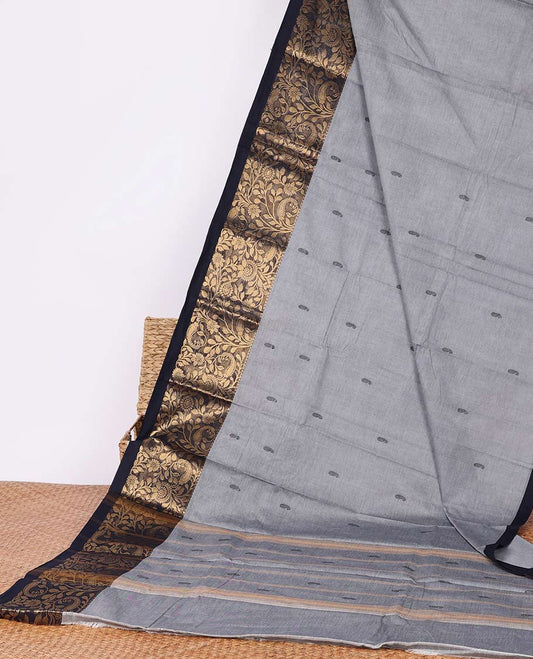 Grey buttas Chettinad cotton saree, contrast floral zari design border & pallu stripes