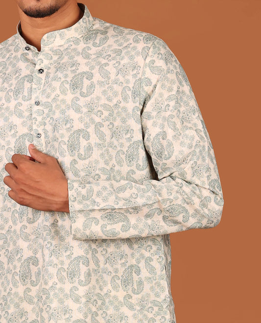 Off-white Paisley Design Full-Sleeved Men's Kurta