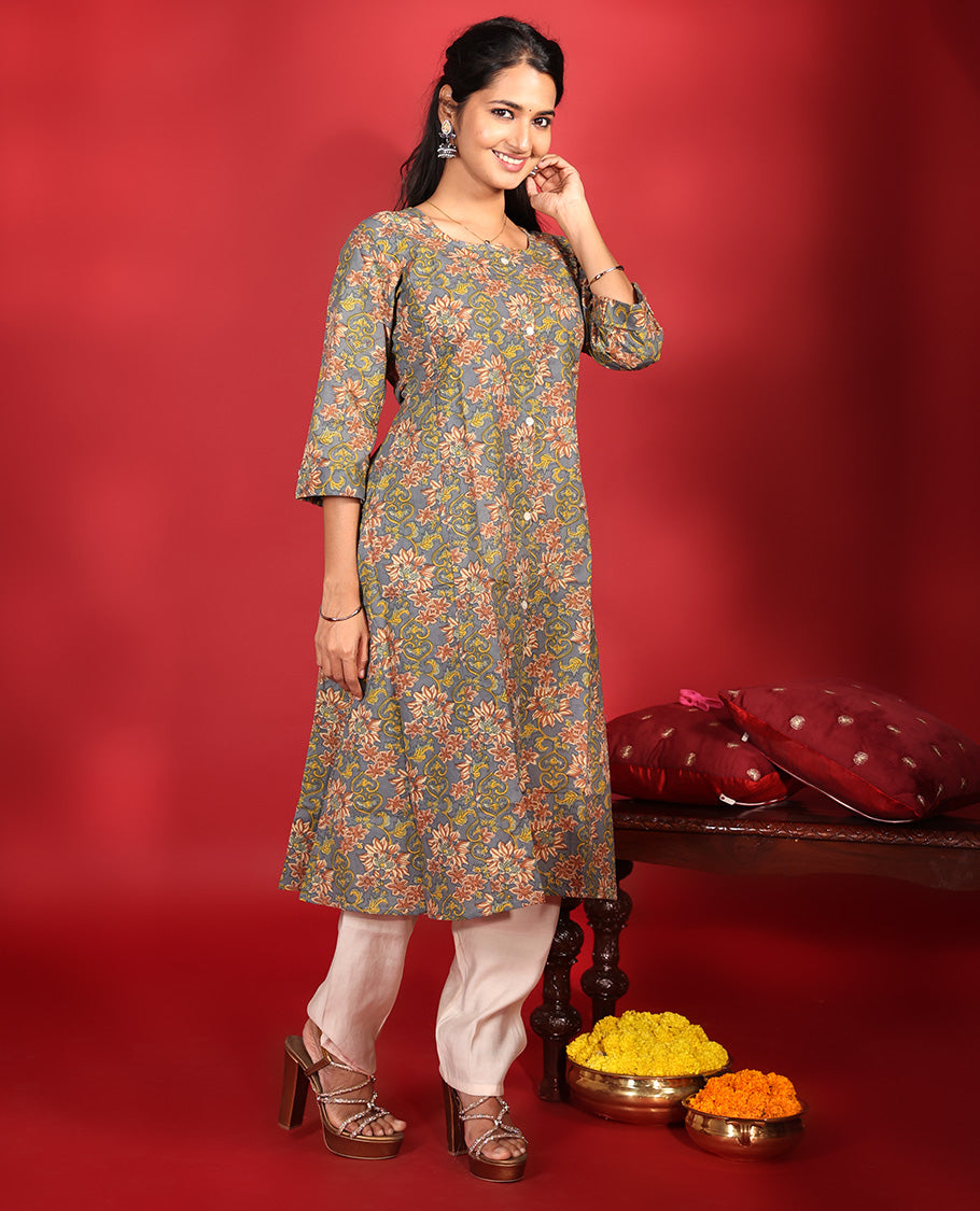 Grey Readymade Cotton Kurti