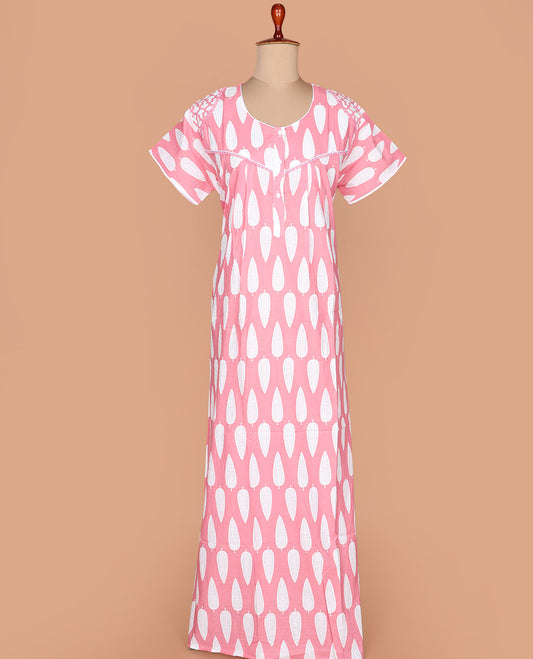 Pink pine tree motifs printed with round necked lace work half-sleeve cotton nighty