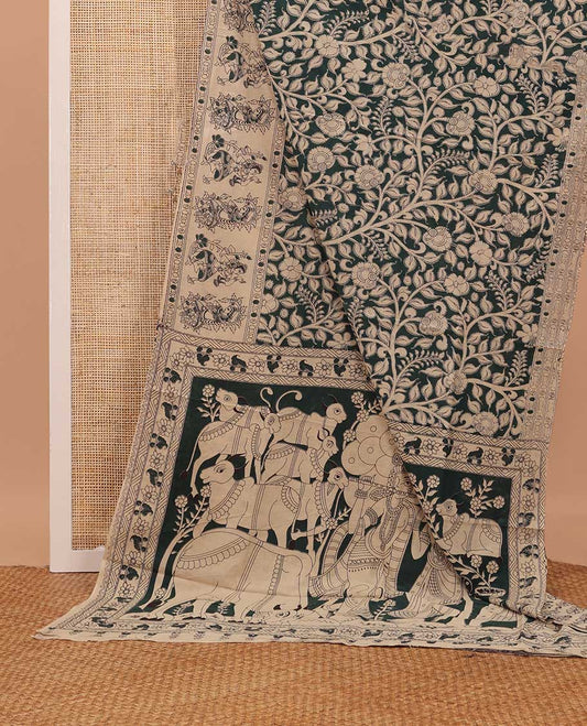 Deep green floral vine machine printed kalamkari cotton saree, figurines motifs border, and pallu of pichwai cow, and Lord Kishna motifs