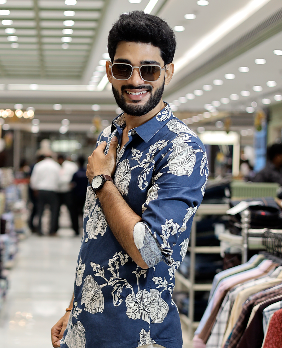 Navy Blue Cotton-Blended Casual Shirt