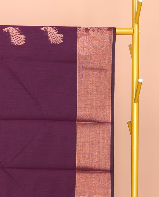 Purple Semi-Silk Cotton Saree, Bedecked with Peacock Buttas All Over Its Body, Highlighted by a Self-Border of Peacocks, Pallu Steeped with Peacock Designs, and Paired with a Matching Blouse