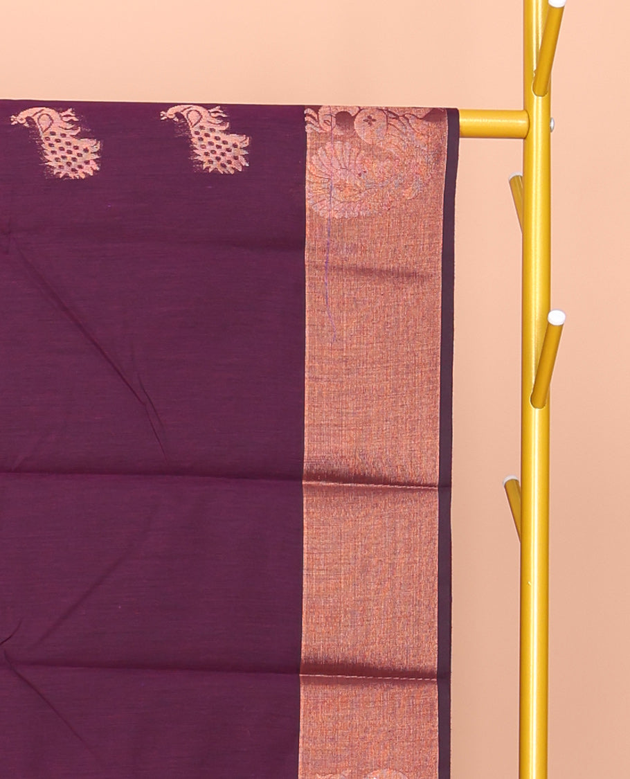Purple Semi-Silk Cotton Saree, Bedecked with Peacock Buttas All Over Its Body, Highlighted by a Self-Border of Peacocks, Pallu Steeped with Peacock Designs, and Paired with a Matching Blouse