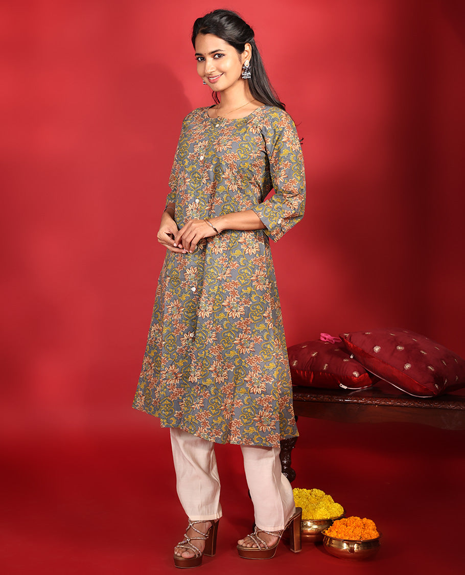 Grey Readymade Cotton Kurti
