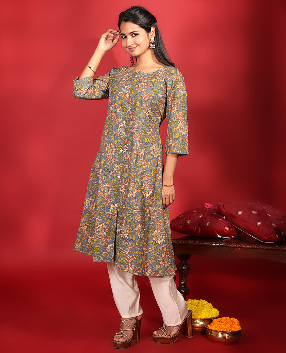 Grey Readymade Cotton Kurti