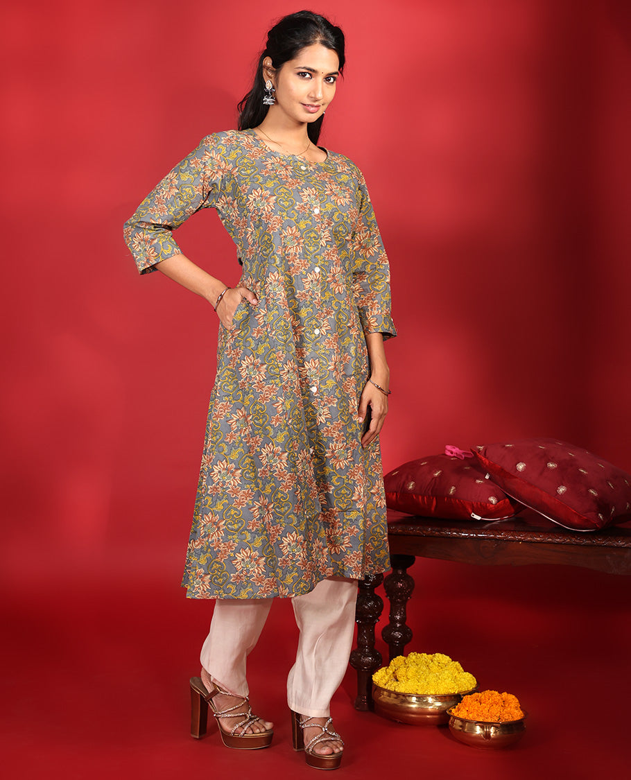 Grey Readymade Cotton Kurti