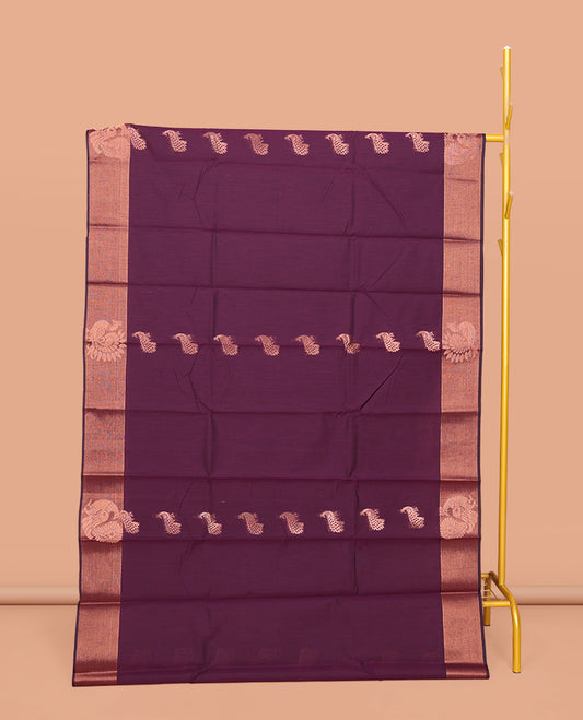 Purple Semi-Silk Cotton Saree, Bedecked with Peacock Buttas All Over Its Body, Highlighted by a Self-Border of Peacocks, Pallu Steeped with Peacock Designs, and Paired with a Matching Blouse