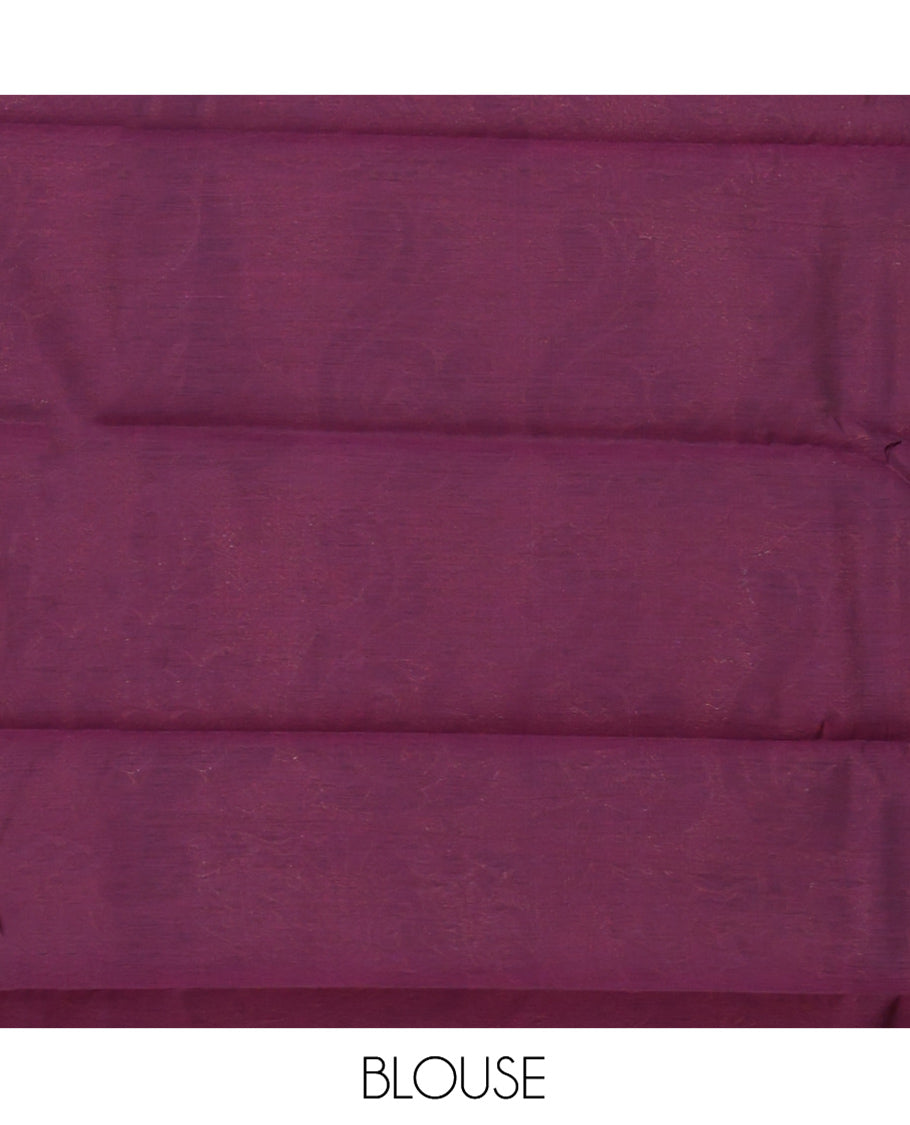 Purple Semi-Silk Cotton Saree, Bedecked with Peacock Buttas All Over Its Body, Highlighted by a Self-Border of Peacocks, Pallu Steeped with Peacock Designs, and Paired with a Matching Blouse