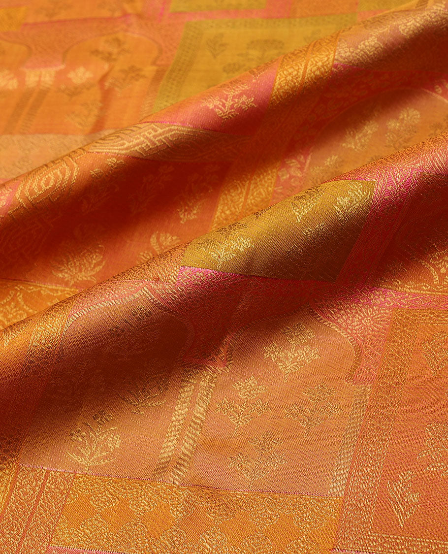 Multi-color meenakari Mughal-style jacquard silk saree, zari border of banaras,rudraksham & vanki design & intricate pallu