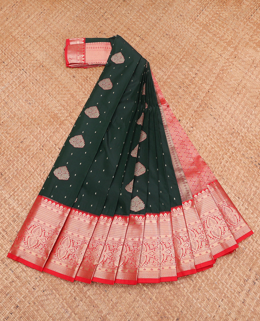 Dark Green Budget Silk Saree, Graced with Zari Buttas, Complemented by a Contrast Traditional Zari Border, Jaal Pallu, and a Contrast Blouse