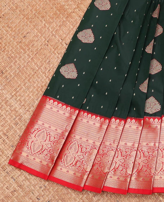 Dark Green Budget Silk Saree, Graced with Zari Buttas, Complemented by a Contrast Traditional Zari Border, Jaal Pallu, and a Contrast Blouse