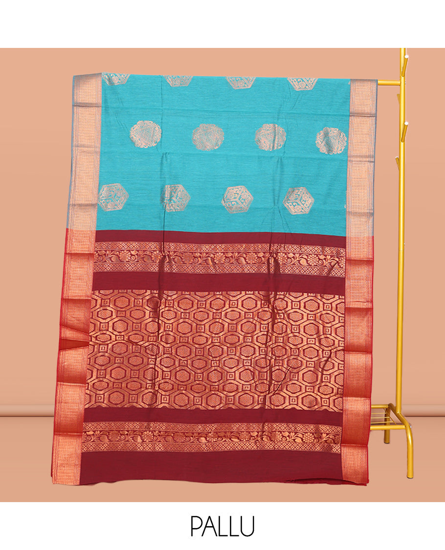 Blue Semi-Silk Cotton Saree, Featuring Zari Buttas All Over Its Body, Complemented by a Contrast Border of Traditional Design, Pallu of Intricate Designs, and Paired with a Contrast Blouse