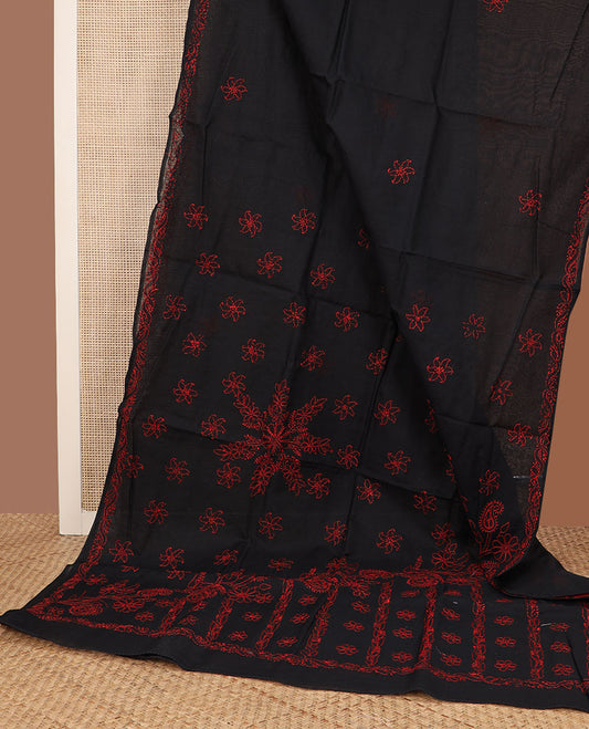 Black flower butta thread embroidered Lucknowi chikankari saree, leaf creeper border, & floral embroidered pallu