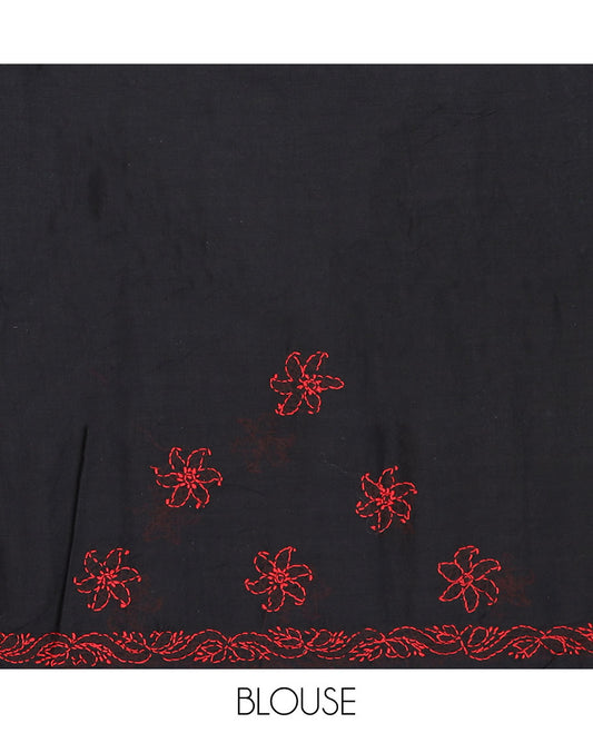 Black flower butta thread embroidered Lucknowi chikankari saree, leaf creeper border, & floral embroidered pallu