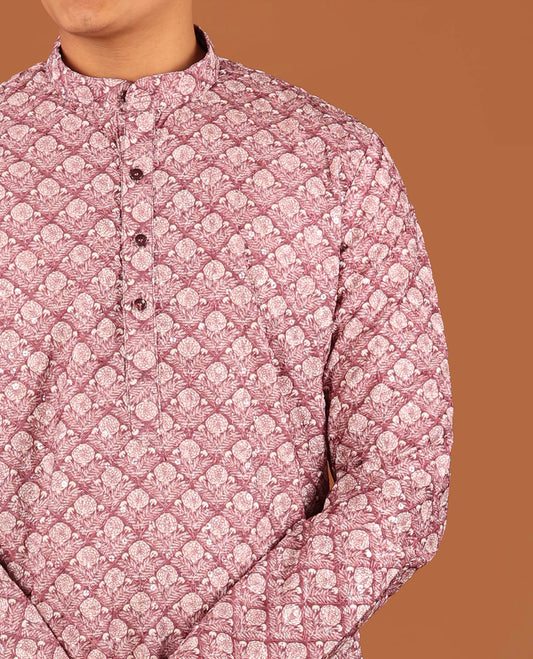 Rosewood Pink Floral Jaal Printed and Sequined Full-Sleeved Men's Kurta