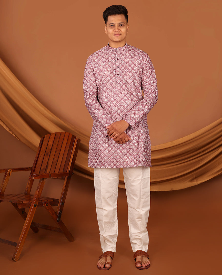 Rosewood Pink Floral Jaal Printed and Sequined Full-Sleeved Men's Kurta