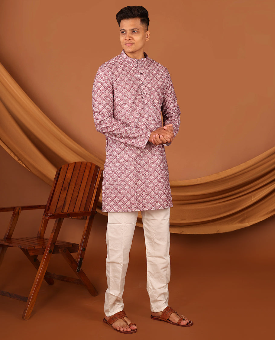Rosewood Pink Floral Jaal Printed and Sequined Full-Sleeved Men's Kurta