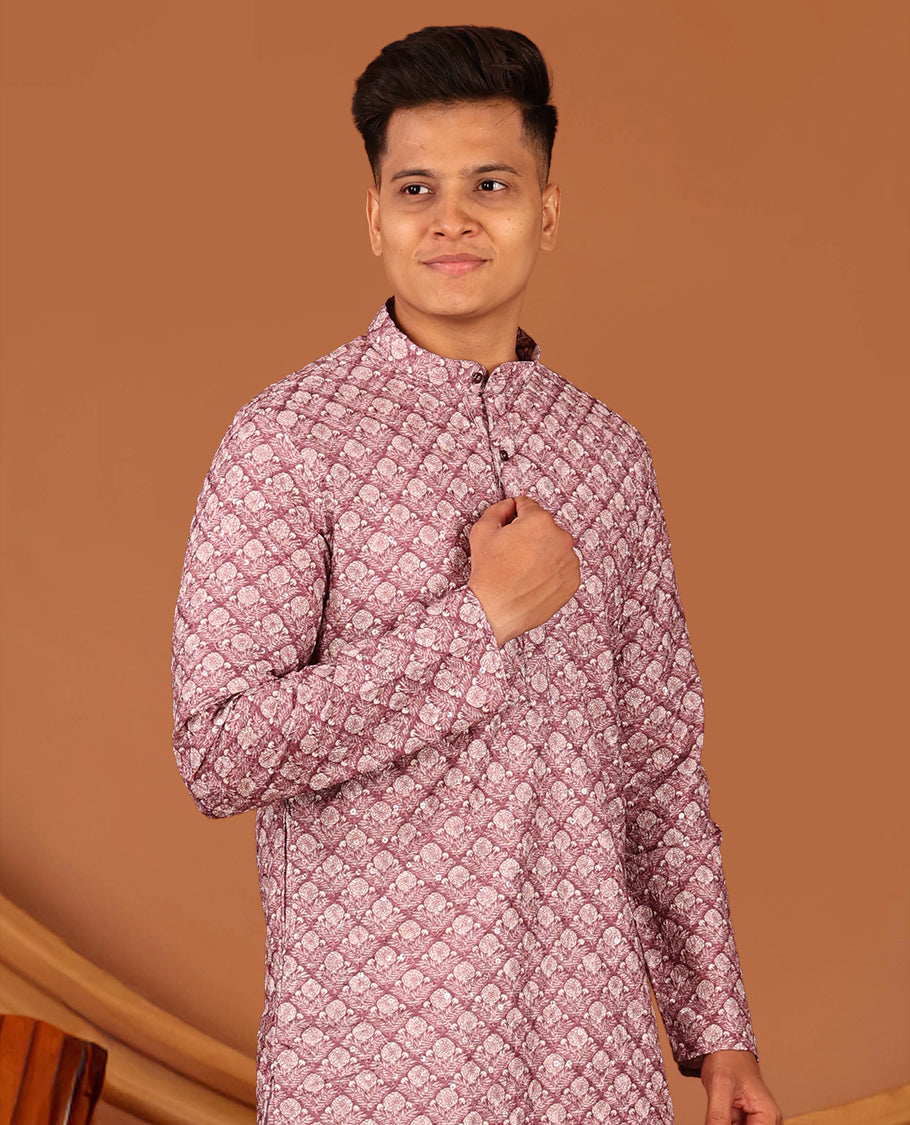 Rosewood Pink Floral Jaal Printed and Sequined Full-Sleeved Men's Kurta