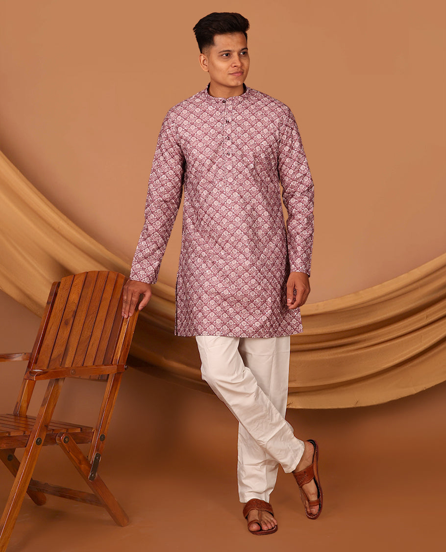 Rosewood Pink Floral Jaal Printed and Sequined Full-Sleeved Men's Kurta