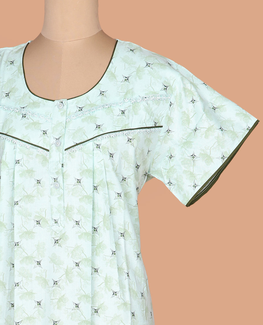 Pale green floral and geometric printed round neck half-sleeve cotton nighty