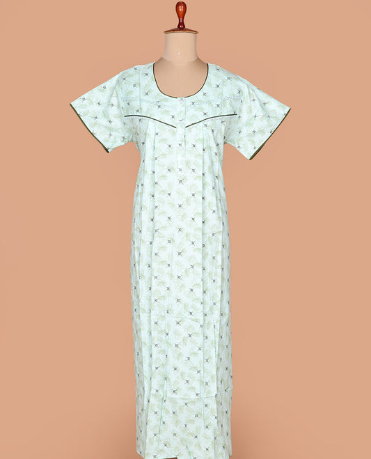 Pale green floral and geometric printed round neck half-sleeve cotton nighty