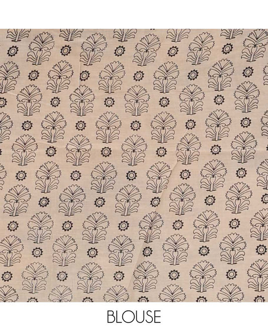 Blue floral vine machine printed kalamkari cotton saree, figurines motifs border, and pallu of pichwai cow, and Lord Kishna motifs