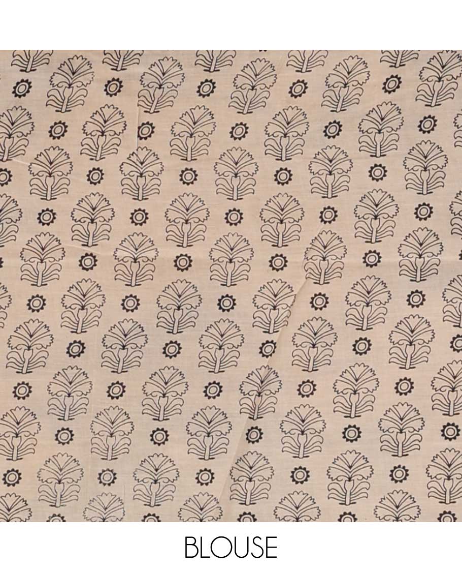 Blue floral vine machine printed kalamkari cotton saree, figurines motifs border, and pallu of pichwai cow, and Lord Kishna motifs