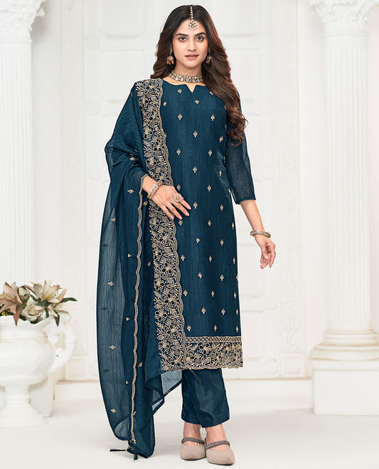 Blue material churidar catalouge floral thread embroidery with self plain bottom & floral tread embroidery , scallop border