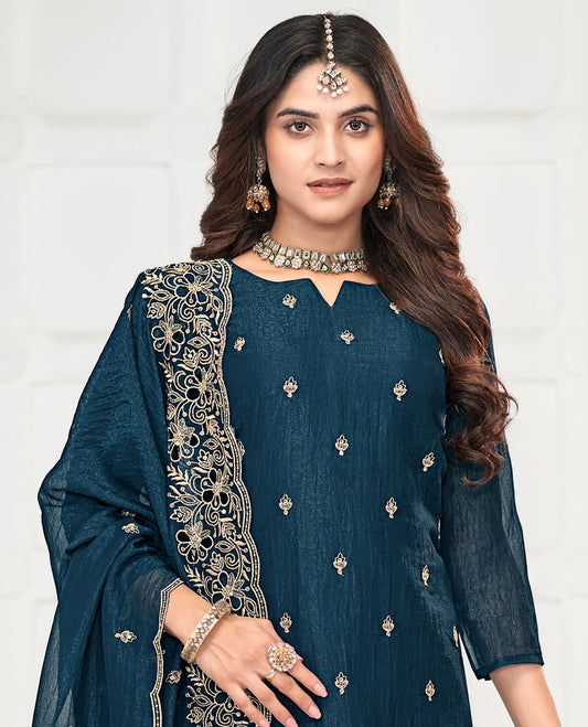 Blue material churidar catalouge floral thread embroidery with self plain bottom & floral tread embroidery , scallop border