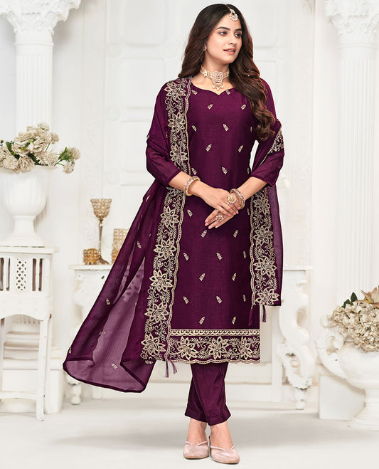 Purple material churidar catalouge floral thread embroidery with self plain bottom & floral tread embroidery , scallop border