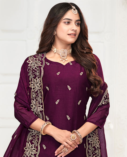 Purple material churidar catalouge floral thread embroidery with self plain bottom & floral tread embroidery , scallop border