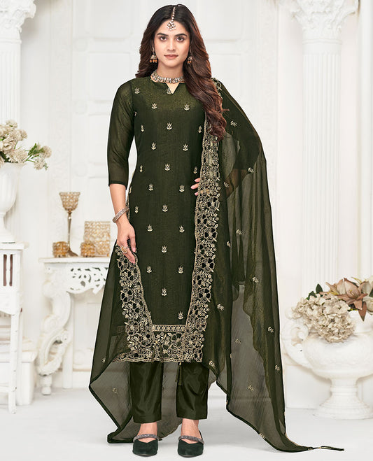 Green material churidar catalouge floral motifs thread embroidery with self plain bottom & floral tread embroidery , scallop border