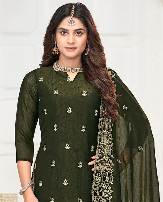 Green material churidar catalouge floral motifs thread embroidery with self plain bottom & floral tread embroidery , scallop border