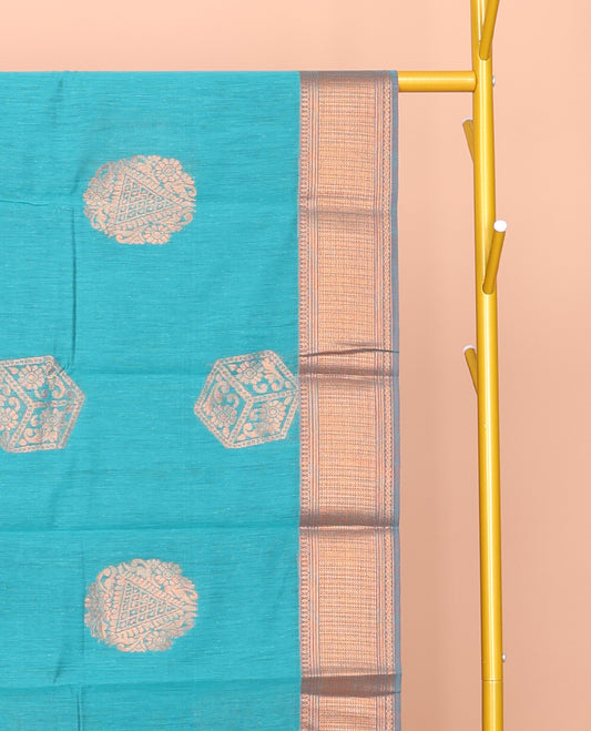 Blue Semi-Silk Cotton Saree, Featuring Zari Buttas All Over Its Body, Complemented by a Contrast Border of Traditional Design, Pallu of Intricate Designs, and Paired with a Contrast Blouse