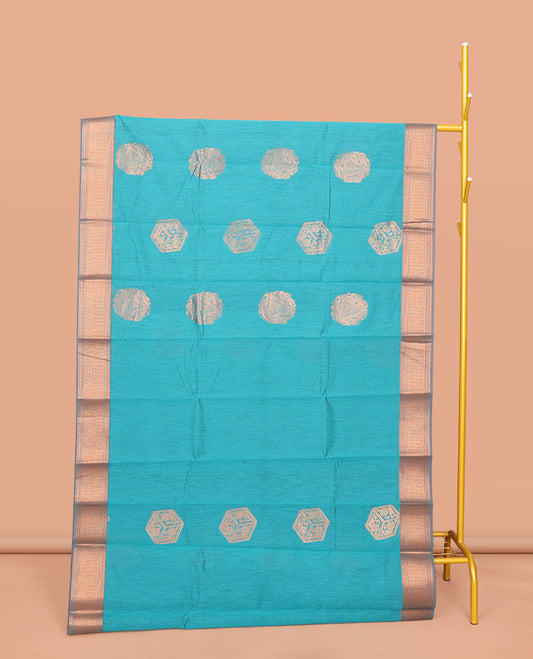 Blue Semi-Silk Cotton Saree, Featuring Zari Buttas All Over Its Body, Complemented by a Contrast Border of Traditional Design, Pallu of Intricate Designs, and Paired with a Contrast Blouse