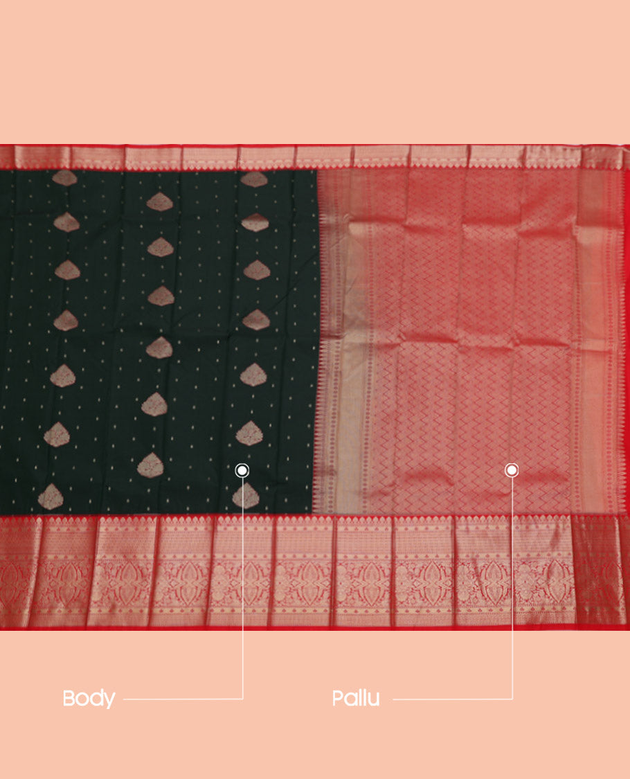 Dark Green Budget Silk Saree, Graced with Zari Buttas, Complemented by a Contrast Traditional Zari Border, Jaal Pallu, and a Contrast Blouse