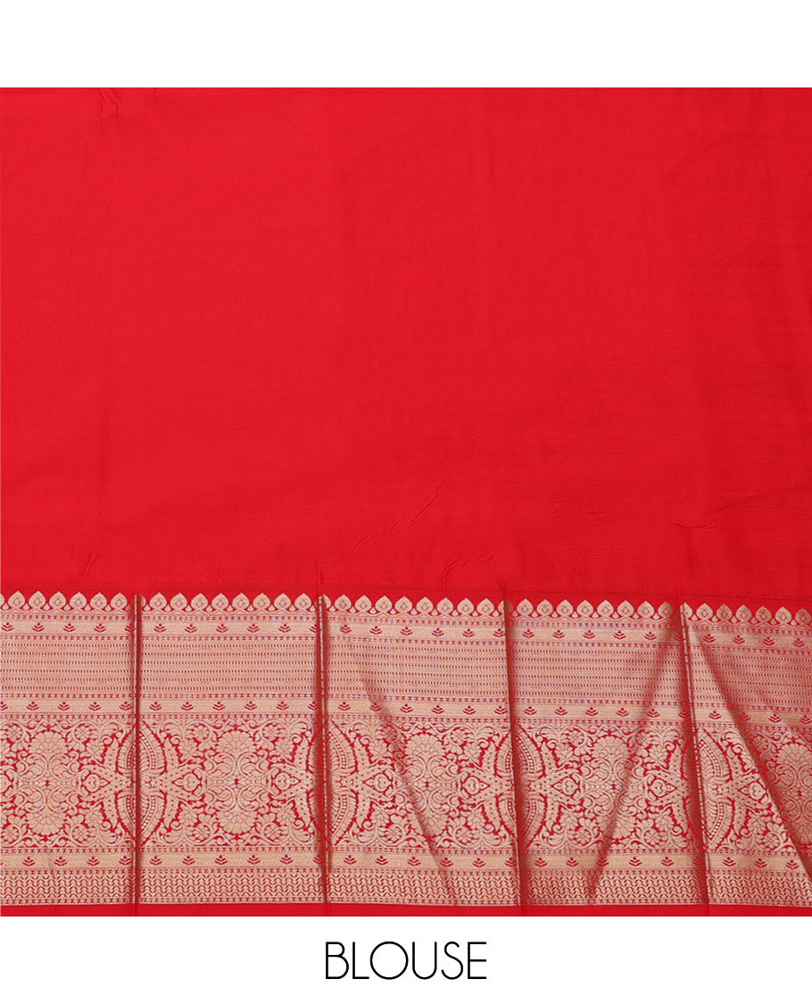 Dark Green Budget Silk Saree, Graced with Zari Buttas, Complemented by a Contrast Traditional Zari Border, Jaal Pallu, and a Contrast Blouse