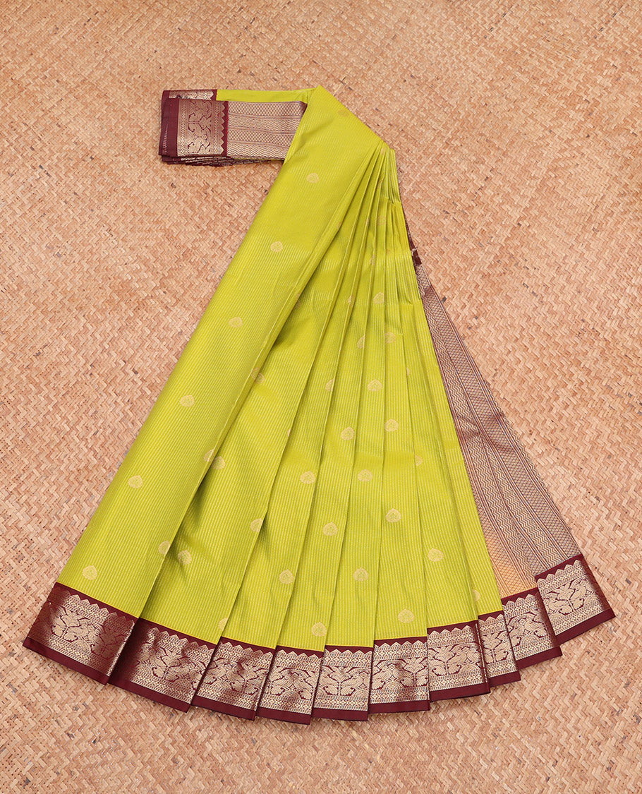 Leaf Green Budget Silk Saree, Sparsely Woven with Zari Buttas and Stripes, Complemented by a Contrast Traditional Zari Border, Grand Pallu, and a Contrast Blouse